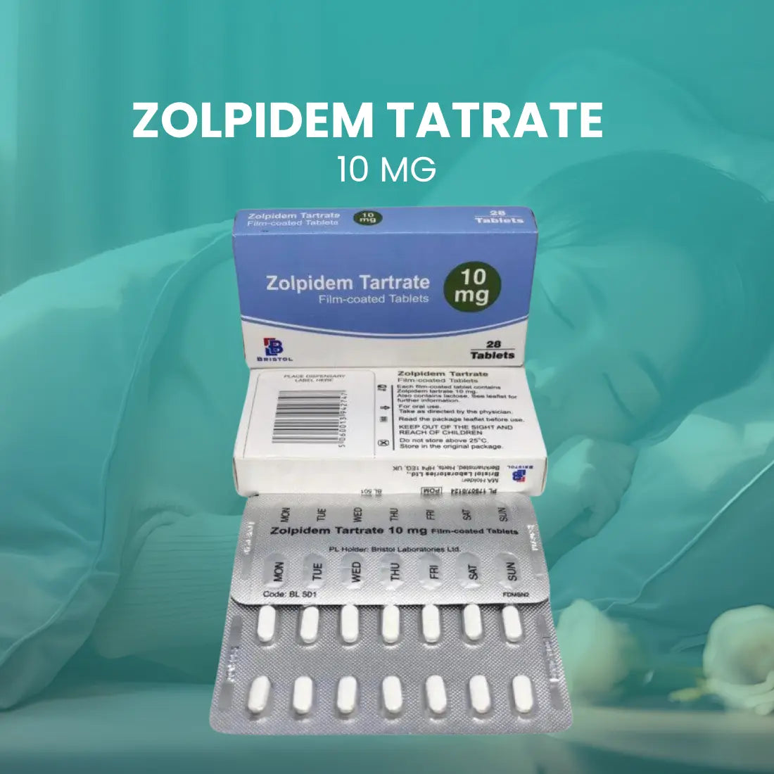 Zolpidem 10mg capsules packaging, a reliable sleep aid available online in the UK, featuring Zolpidem Tartrate for insomnia relief